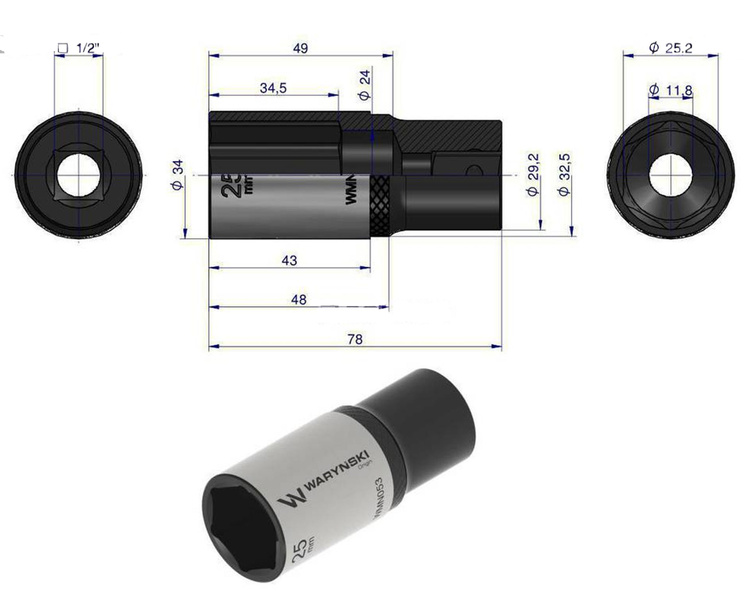 Nasadka sześciokątna 1/2" 25 mm długa Waryński