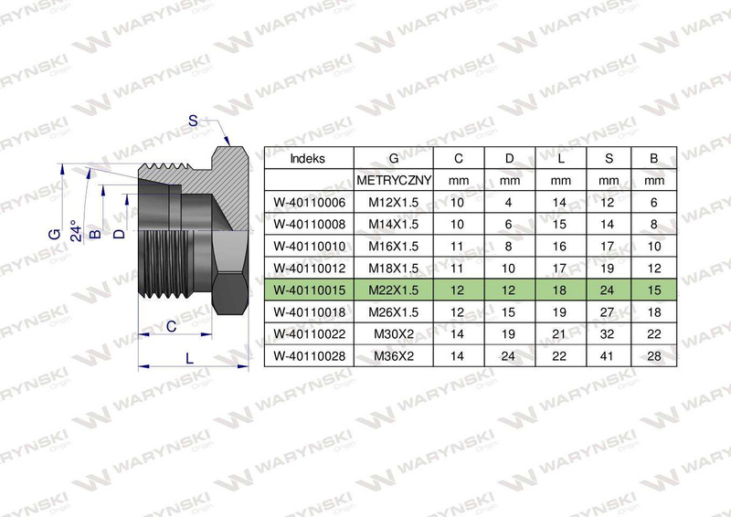 Korek hydrauliczny metryczny na klucz M22x1.5 15L Waryński