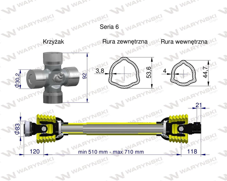 Wał przegubowo-teleskopowy 510-710mm 830N CE seria 6 WARYŃSKI