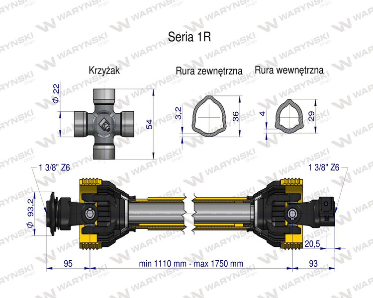 Wał przegubowo-teleskopowy 1110-1750mm 210Nm 10270 CE seria 1R WARYŃSKI