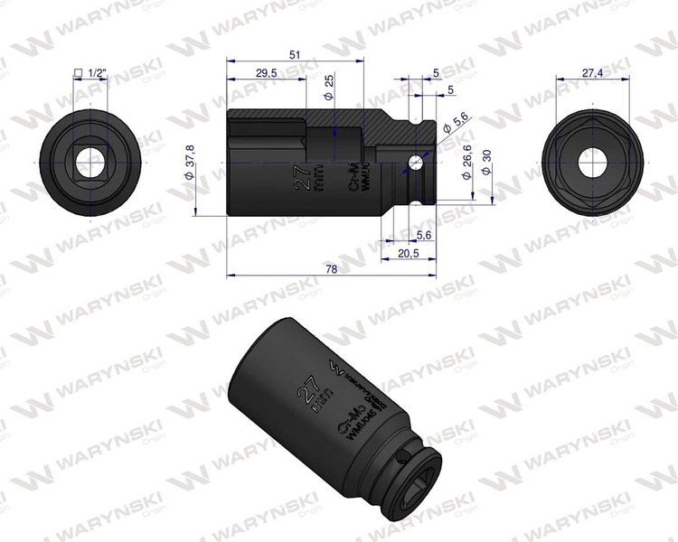 Nasadka udarowa sześciokątna długa 1/2" 27 mm Waryński