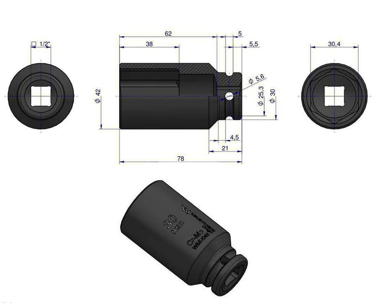 Nasadka udarowa sześciokątna długa 1/2" 30 mm Waryński