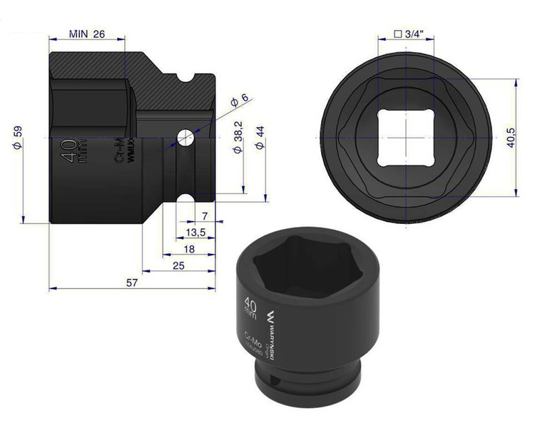 Nasadka udarowa sześciokątna 3/4" 40 mm Waryński