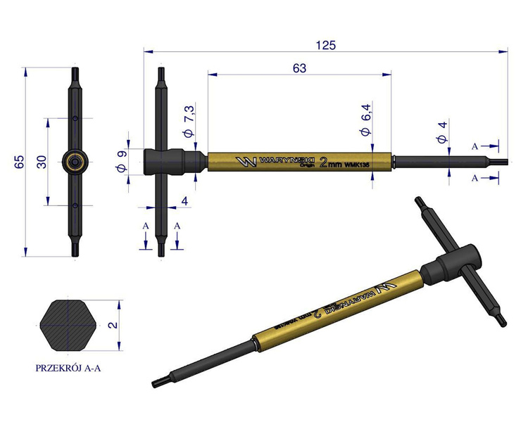 Klucz T ze spinnerem. HEX 2 mm Waryński