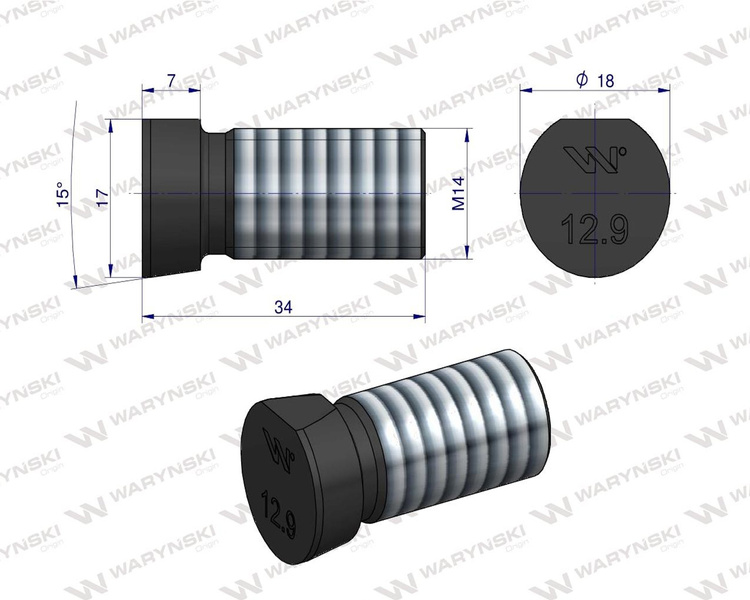 Śruba kpl. płużna oval, ścięta M14x34 mm kl.12.9 Kverneland Waryński M14X34OV1