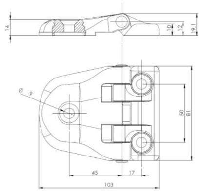 zawias ciągnika, koparki szyby tylnej plastikowy uniwersalny 81x103mm, pionowy rozstaw otworów 62mm