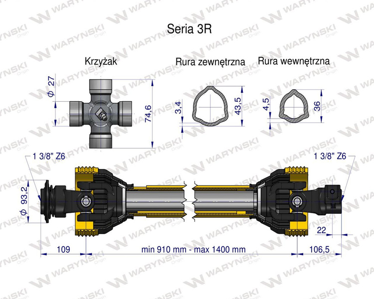 Wał przegubowo-teleskopowy 910-1400mm 460Nm 50260 CE seria 3R WARYŃSKI