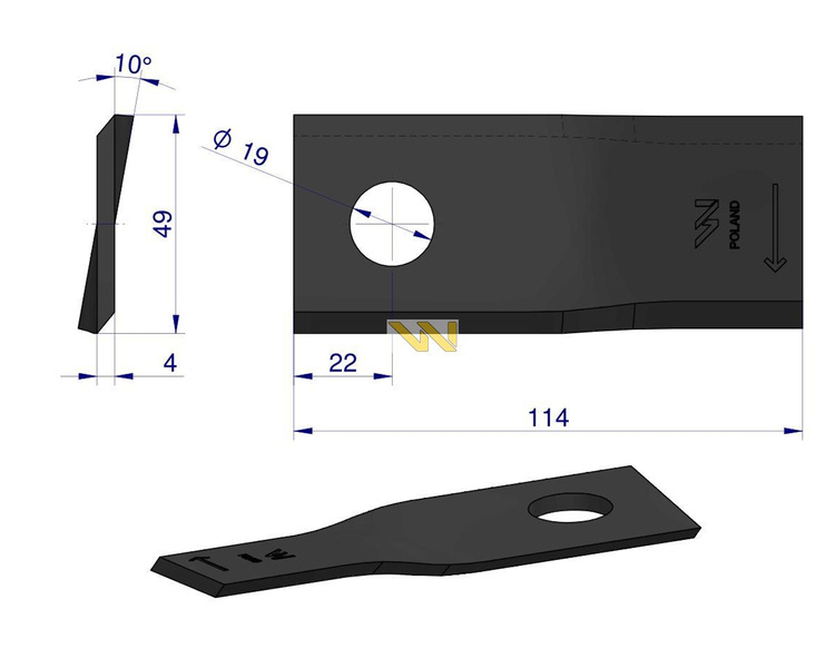 Nóż. nożyk kosiarka prawy 114x48x4mm otwór 19 13800015 JF-Stoll WARYŃSKI 