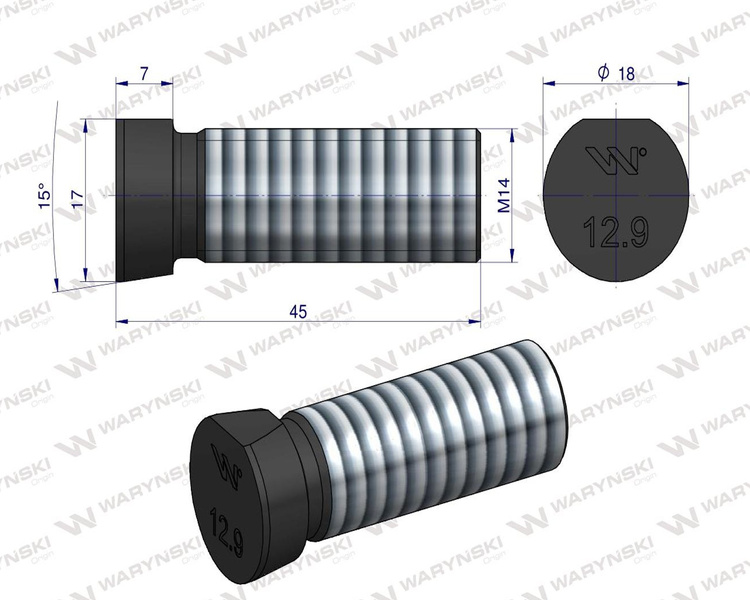 Śruba kpl. płużna oval z jednej strony ścięta M14x45 mm kl.12.9 Kverneland Waryński M14X45OV1