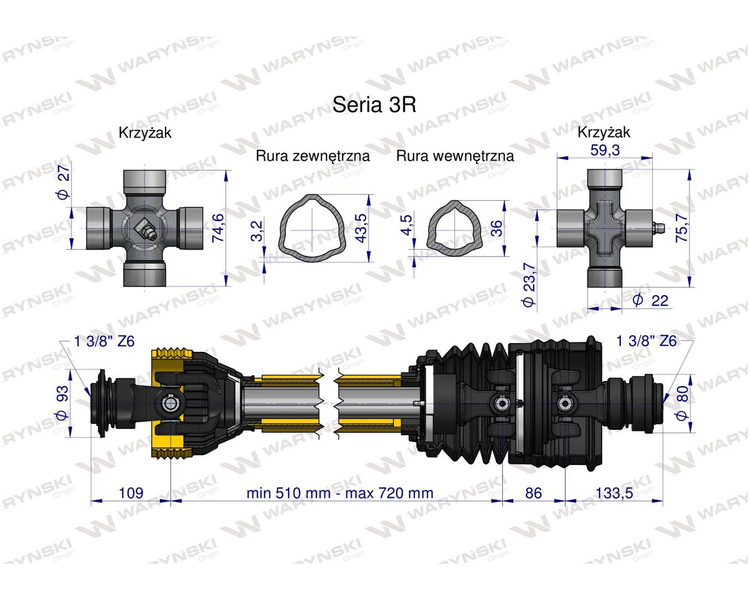 Wał przegubowo-teleskopowy 510-720mm 460Nm szerokokątny od st.maszyny CE seria 3R WARYŃSKI