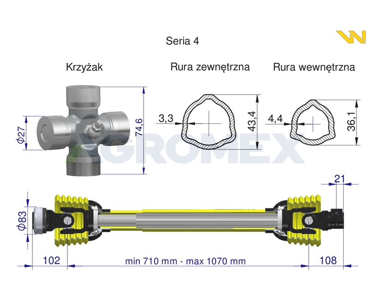 Wał przegubowo teleskopowy 710-1070mm 460Nm 50240 CE seria 4 WARYŃSKI