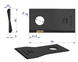 Nóż. nożyk kosiarka lewy 94x48x3mm otwór 19 570409 Niemeyer Kverneland WARYŃSKI