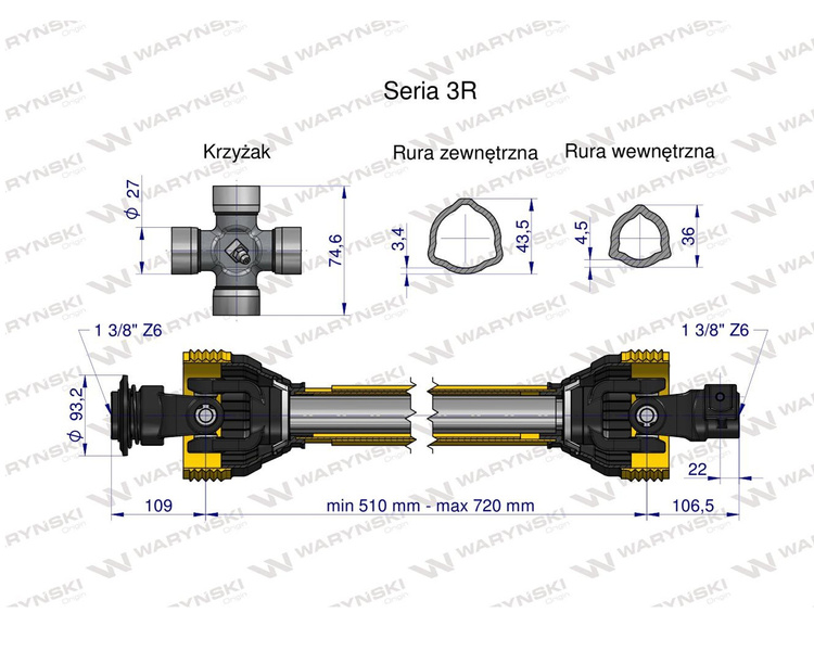 Wał przegubowo-teleskopowy 510-720mm 460Nm 50210 CE seria 3R WARYŃSKI WA46-51