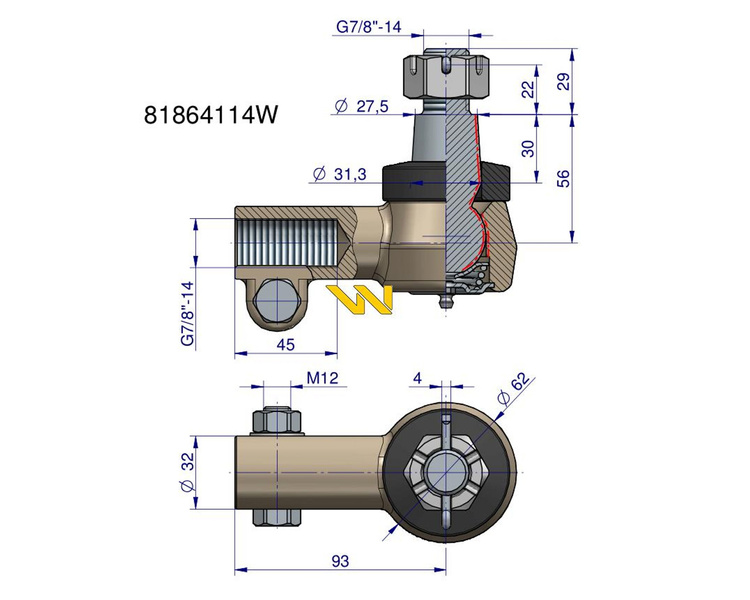 Przegub kierowniczy prawy 7/8" 81864114 Ford New Holland WARYŃSKI