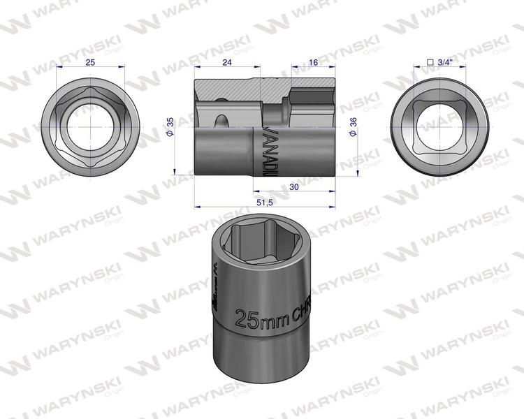 Nasadka sześciokątna 3/4" 25 mm. DIN 3124. Waryński