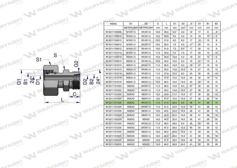 Złączka hydrauliczna metryczna AB (XKOR) A-M36x2 28L / B-M16x1.5 10L Waryński