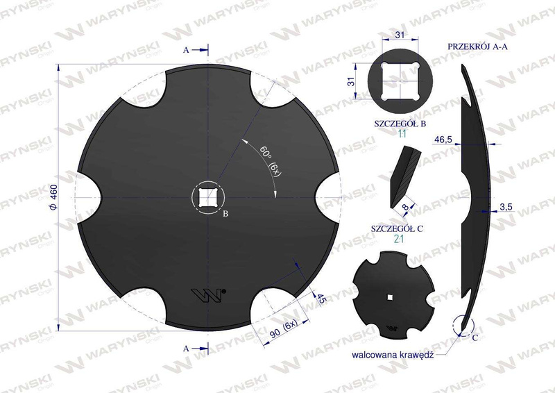 Talerz uzębiony Z-6 fi 460 otwór 30x30 stal borowa 3.5mm WARYŃSKI MAXX Premium 1202030150 W-5197460/30/P [W-7460/30/3.5]