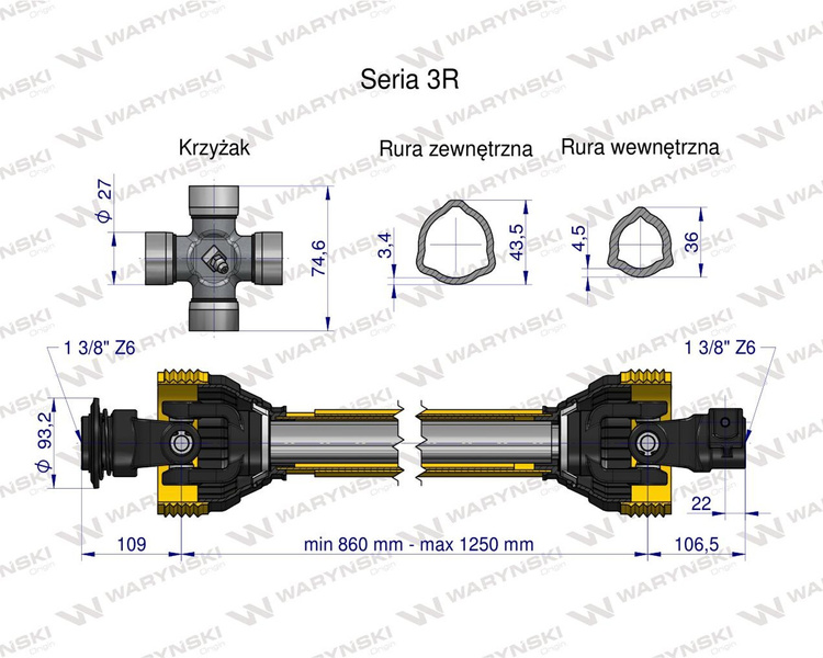 Wał przegubowo-teleskopowy 860-1250mm 460Nm 50250 CE seria 3R WARYŃSKI