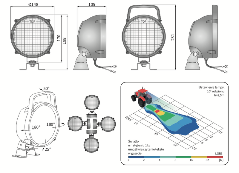 lampa robocza H3 z wyłącznikiem i uchwytem WESEM LOR3.23292 Ø148x105mm