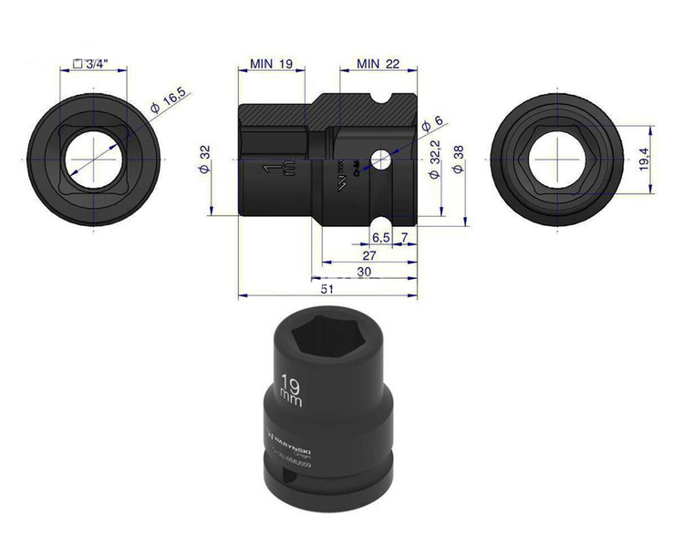 Nasadka udarowa sześciokątna 3/4" 19 mm Waryński