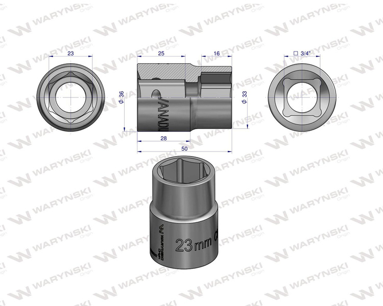 Nasadka sześciokątna 3/4" 23 mm  DIN 3124. Waryński