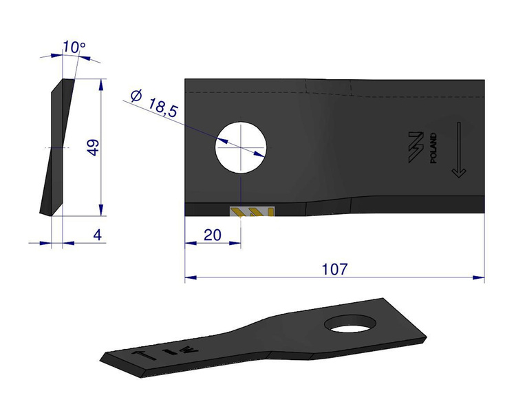 Nóż. nożyk kosiarka prawy 107x48x4mm otwór 18.5 90261560 99361560 Vicon WARYŃSKI