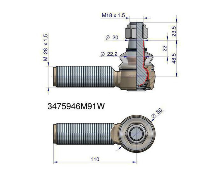 Przegub kierowniczy 110mm M28x1,5 3475946M91 MASSEY FERGUSON WARYŃSKI