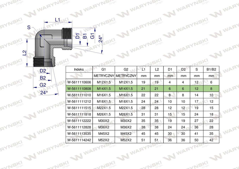 Kolanko hydrauliczne metryczne BB M14x1.5 08L (XW) Waryński