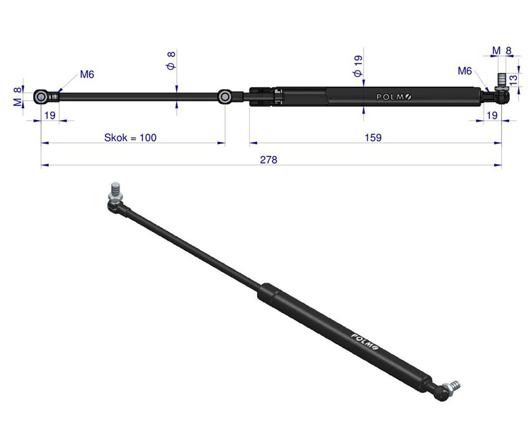 siłownik amortyzator gazowy A=278 B=140 F=150N skok 100, POLMO 3 LATA GWARANCJI