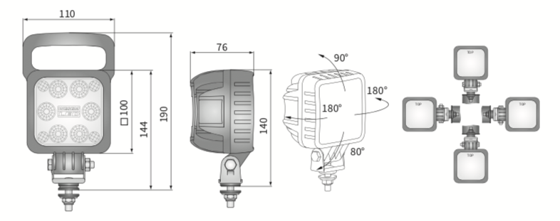 lampa robocza LED reflektor WESEM złącze AMP 25W 2000lm 100x100x76mm 50° LED2F.47606