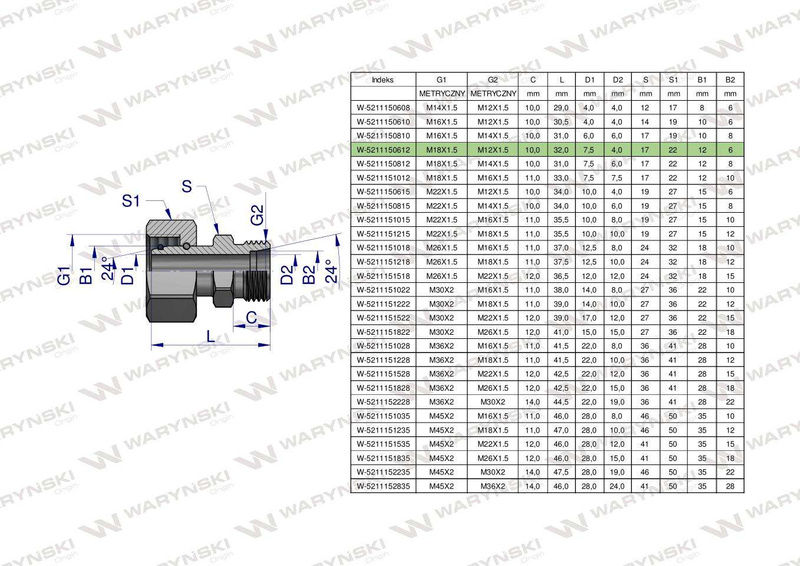 Złączka hydrauliczna metryczna AB (XKOR) A-M18x1.5 12L / B-M12x1.5 06L Waryński