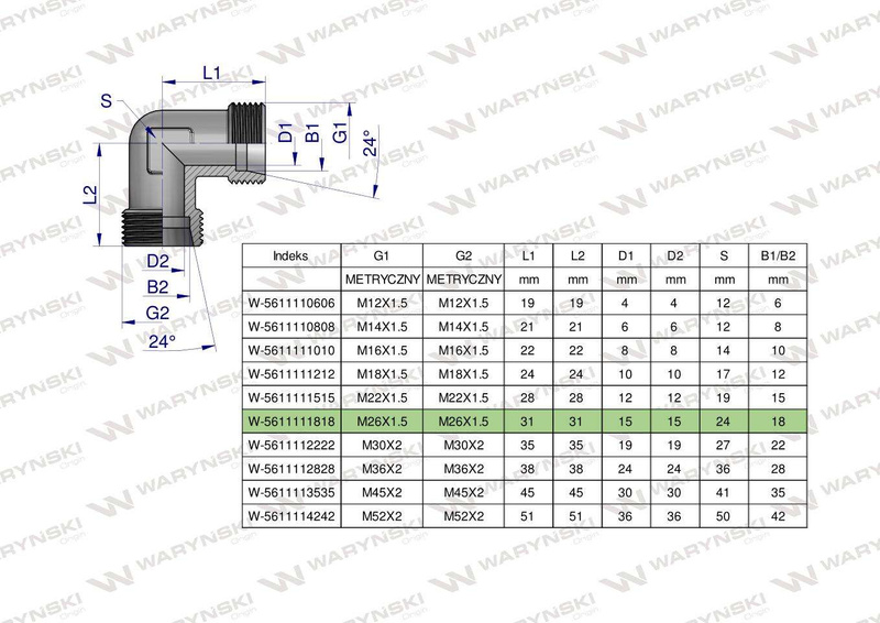 Kolanko hydrauliczne metryczne BB M26x1.5 18L (XW) Waryński