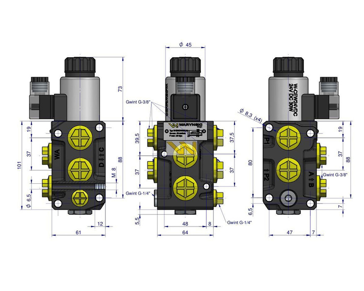 Dzielnik. zawór. elektrozawór kierunkowy elektromagnetyczny kontroli W-E38DVS6/2 (DVS6/50 L/MIN) G3/8" 50L (24V DC) Waryński