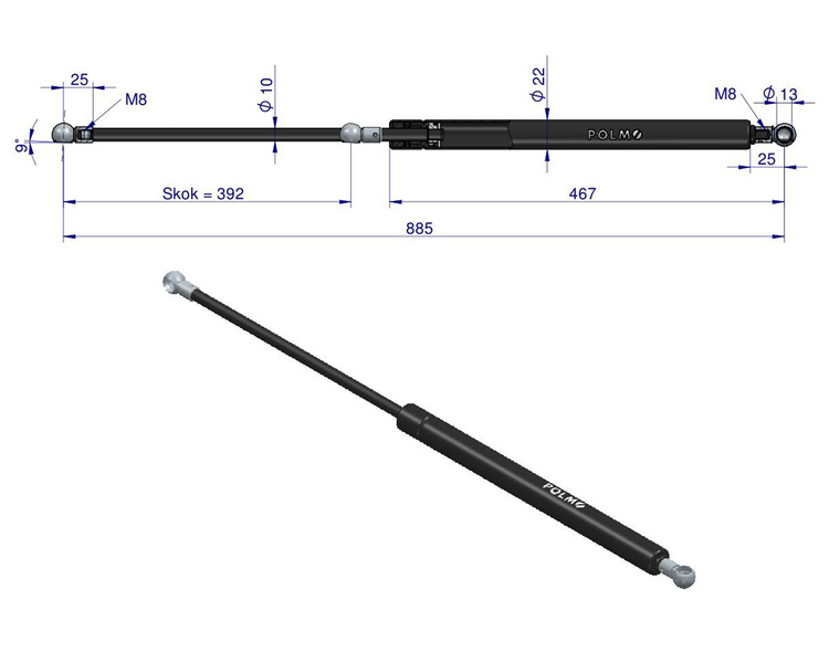 siłownik amortyzator gazowy A=885 B=442 F=350N skok 392, POLMO 3 LATA GWARANCJI 3788102M1