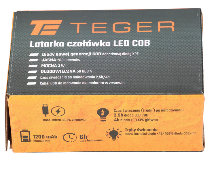 Latarka czołówka LED COB 200 Lm ładowana USB Teger