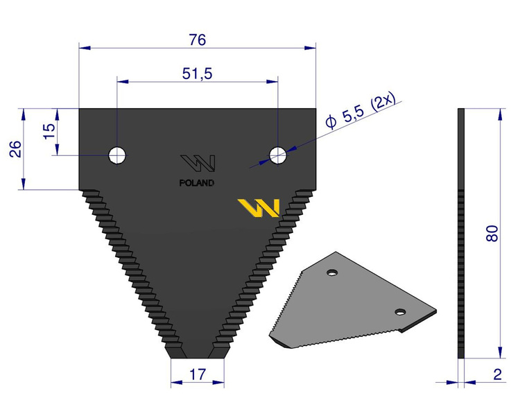 Nóż żniwny 80x76x2mm otwór 5.5 614670.0 Claas WARYŃSKI