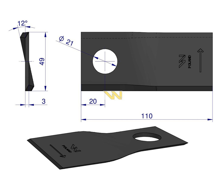 Nóż. nożyk kosiarka lewy 110x50x3mm otwór 21 4047016 Galfre WARYŃSKI