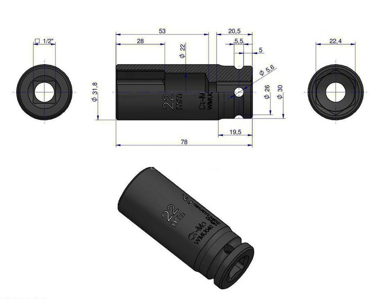 Nasadka udarowa sześciokątna długa 1/2" 22 mm Waryński