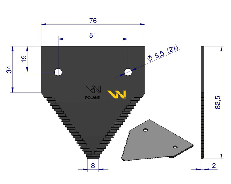 Nóż żniwny 80x76x2mm otwór 5.5 206236M1 Massey Ferguson WARYŃSKI