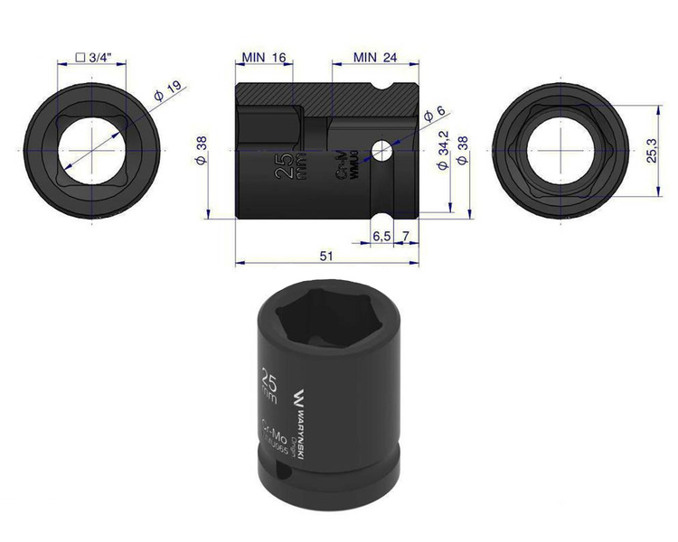 Nasadka udarowa sześciokątna 3/4" 25 mm Waryński