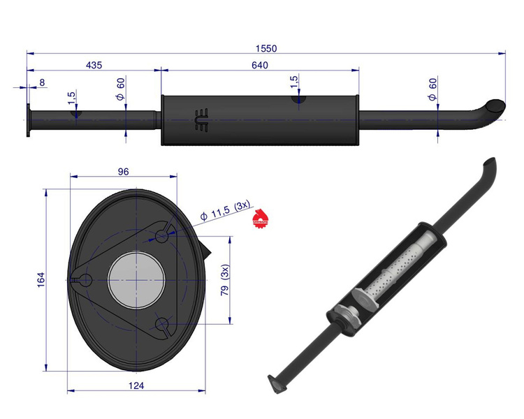 Tłumik C-385 prosty długi 1550mm 8kg 80014040U oryginał Ursus