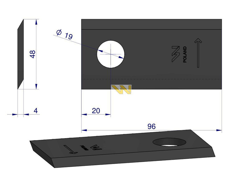 Nóż. nożyk kosiarka lewy 96X48x4mm otwór 19 16503658 Deutz-Fahr WARYŃSKI