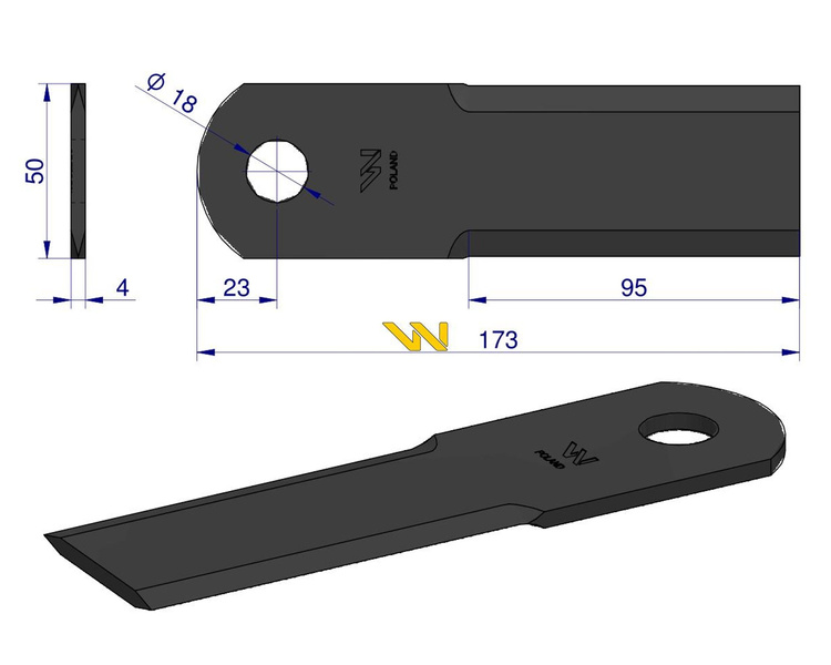 Nóż obrotowy rozdrabniacz słomy sieczkarnia 173x50x4mm otwór 18 746813 New Holland WARYŃSKI