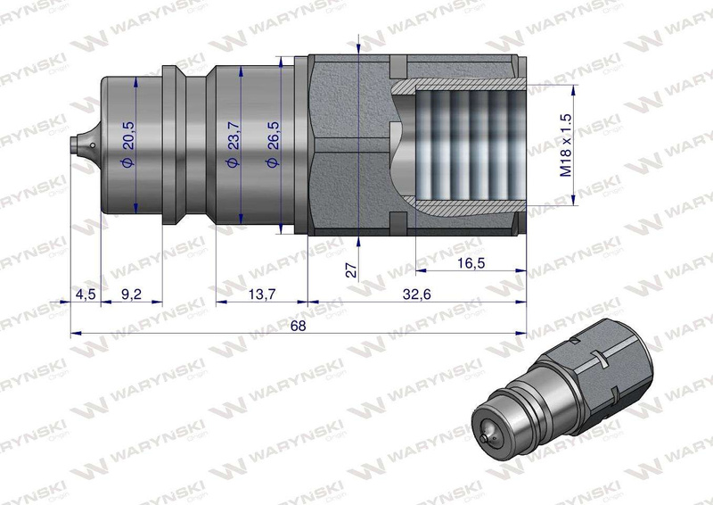 Szybkozłącze hydrauliczne wtyczka z eliminatorem ciśnienia M18x1.5 gwint wew. EURO Waryński