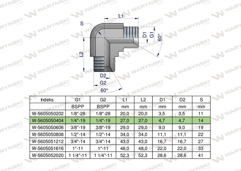 Kolanko hydrauliczne calowe BB 1/4" BSP (XW) Waryński