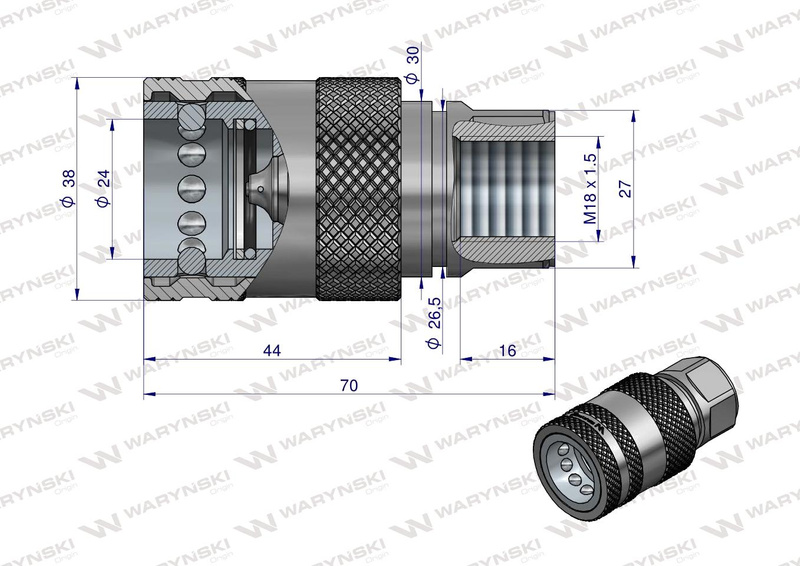 Szybkozłącze hydrauliczne gniazdo z eliminatorem ciśnienia M18x1.5 gwint wew. EURO PUSH-PULL (ISO 7241-A) Waryński 