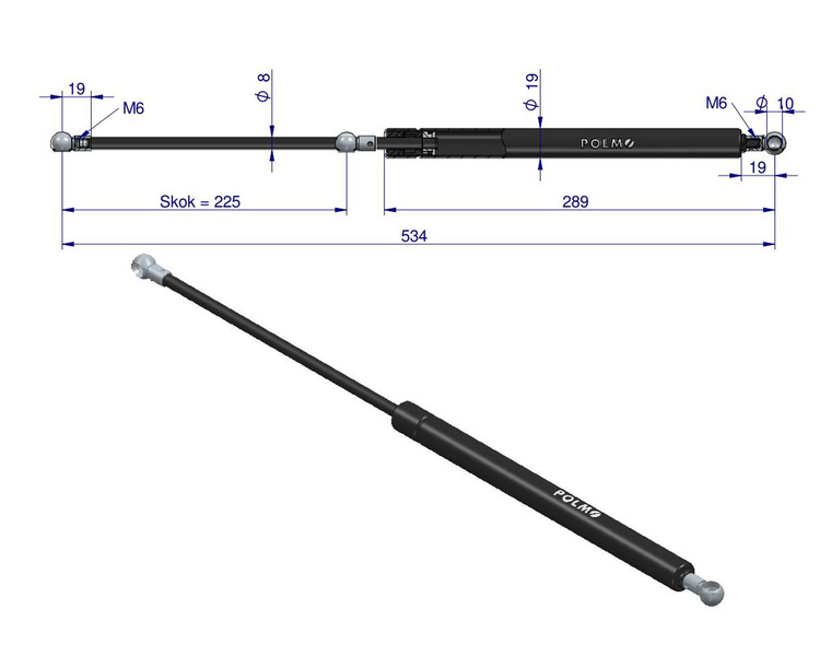 siłownik amortyzator gazowy A=535 B=270 F=180N skok 225, POLMO 04415239