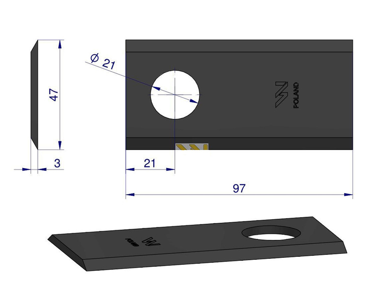 Nóż. nożyk kosiarka 97X47X3mm otwór 21 152147607 SIP WARYŃSKI