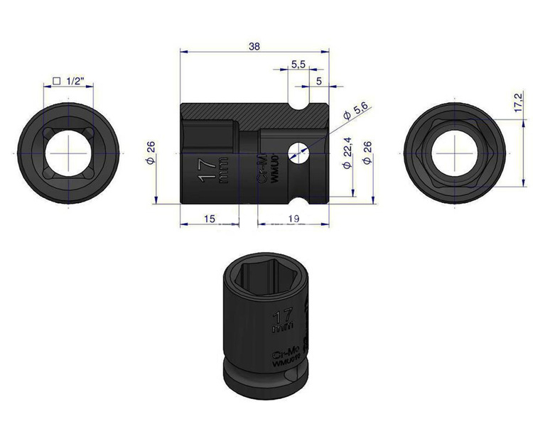 Nasadka udarowa sześciokątna 1/2" 17 mm Waryński