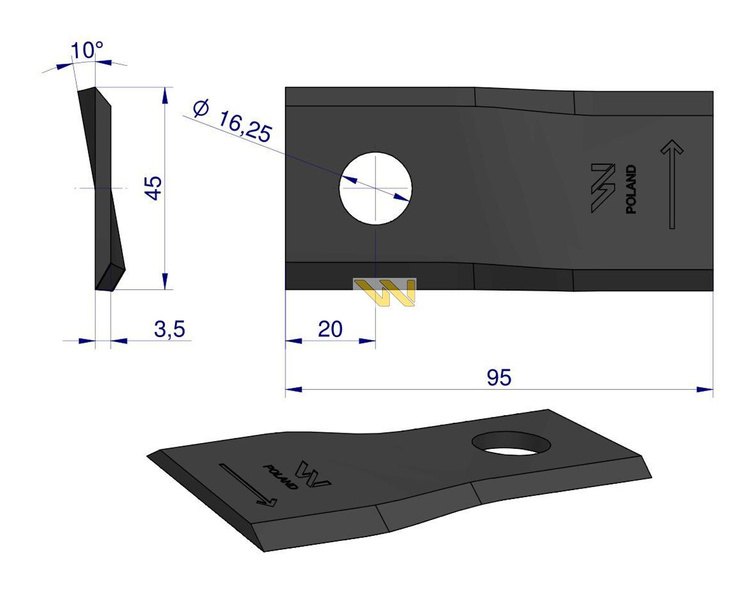 Nóż. nożyk kosiarka lewy 95x45x3.5mm otwór 16.25 CC20500 New Holland WARYŃSKI